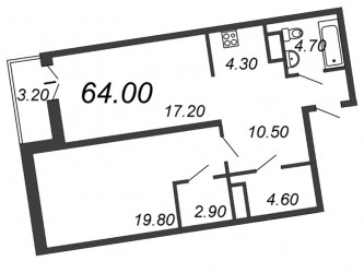 Двухкомнатная квартира (Евро) 64.5 м²