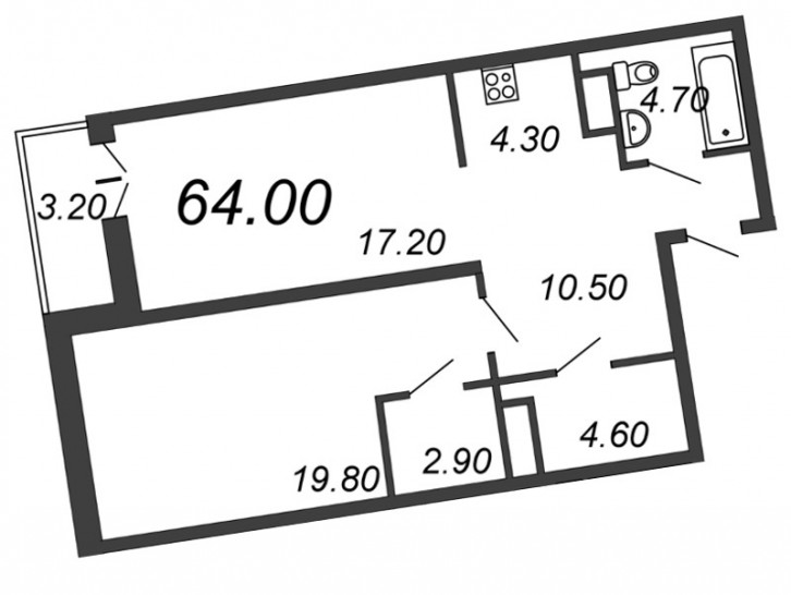 Двухкомнатная квартира (Евро) 64.6 м²